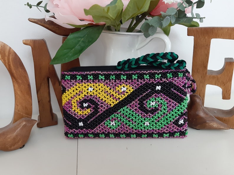 Green Black Yellow Purple Purse Tribal Borneo Pattern Style Beaded Purse Clutch with Wrist Strap Handmade Gift For Women Mom Gift Birthday