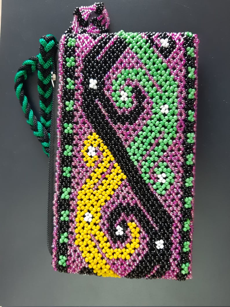 Green Black Yellow Purple Purse Tribal Borneo Pattern Style Beaded Purse Clutch with Wrist Strap Handmade Gift For Women Mom Gift Birthday