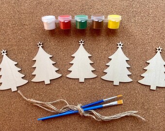 Wooden Christmas trees ornament coloring kit, Christmas ornaments paint craft for kids.