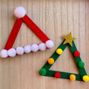 Christmas tree and Santa hat craft sticks craft for kids.