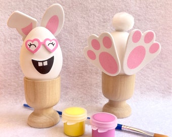 Easter bunny eggs craft for kids, bunny head and butt craft kit, Easter bunny eggs in wooden cup paint kit.