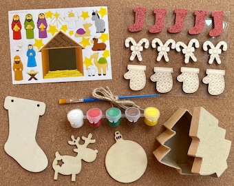 Christmas Craft Kit for Kids, Nativity Stickers, Paintable Wooden Ornaments