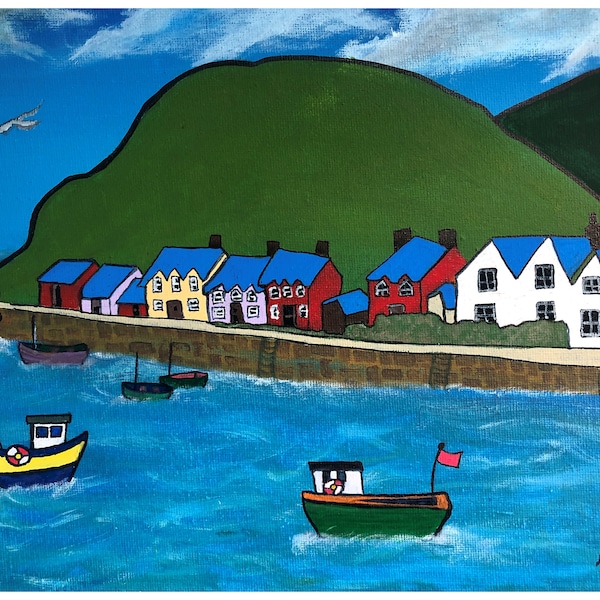 Canvas Art Prints of Lower Fishguard Harbour, Seaside, Pembrokeshire, West Wales, taken from my original acrylic painting