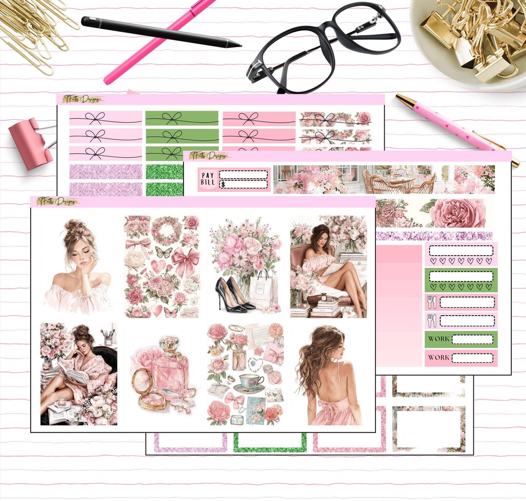 Blush Garden Coquette Planner Sticker Kit – Pink & Green Floral Weekly ...