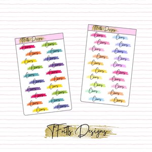 May include: Two sheets of colourful stickers with the word "Chores" written on each sticker. The stickers are in various colours, including pink, blue, yellow, green, and orange. The stickers are arranged in two columns on each sheet. The text "Frits Designs" is written at the top of each sheet.
