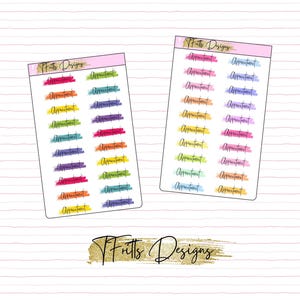 May include: Two sheets of colorful appointment stickers with a rainbow of colors and the text "Appointment" repeated on each sticker.