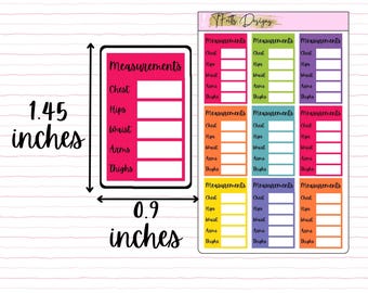 Puede incluir: Nueve rastreadores de medidas coloridos con las palabras "Measurements" y las categorías "Chest", "Hips", "Waist", "Arms" y "Thighs" impresas en cada uno. Los rastreadores tienen 1,45 pulgadas de alto y 0,9 pulgadas de ancho.
