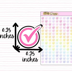 May include: A sheet of colourful checkmark stickers, each measuring 0.25 inches in diameter. The stickers are arranged in rows and columns, with each row featuring a different colour. The colours include pink, purple, blue, green, yellow, and orange. The checkmarks are pink and outlined in black.