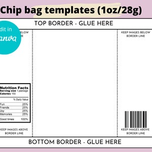 Chip tas sjabloon, afdrukbare partij gunst, aanpasbare tas wrapper voor verjaardag decor, diy ontwerp, instant download, canvas, wrapper, feest, bewerkbaar