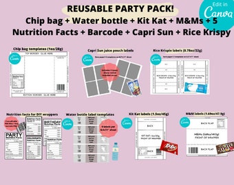 Editable Chip Bag Template Party Favor Bundle Water Bottle, Capri Sun, Rice Krispies Kit Kat Wrappers Instant Download for DIY Party Favors