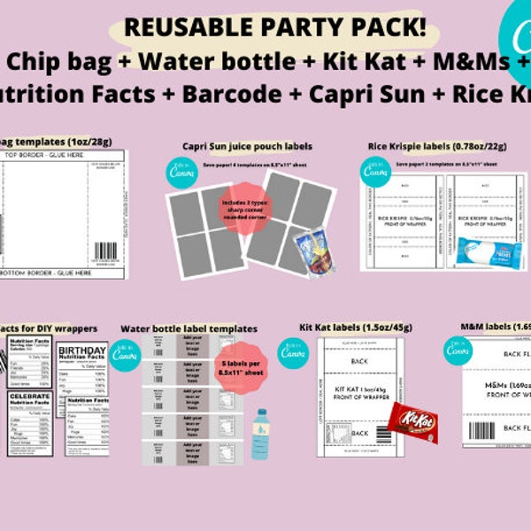 chip bag template,party favors bundle,treat,water bottle label,capri sun label, rice krispy label,canva,treat template bundle,custom,kit kat