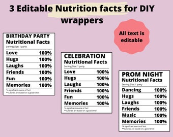 Editable Nutrition facts, favor,chip wrapper template,party nutritional facts table,candy wrapper,chip wrap,water bottle label,png,diy,favor