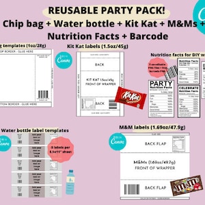 chip bag template,party favour bundle,treat,water bottle label,nutritional facts,barcode,party favor,birthday,custom party favor label,canva