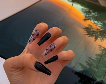 pics Coffin Black And White Acrylic Nail Designs black coffin nails etsy