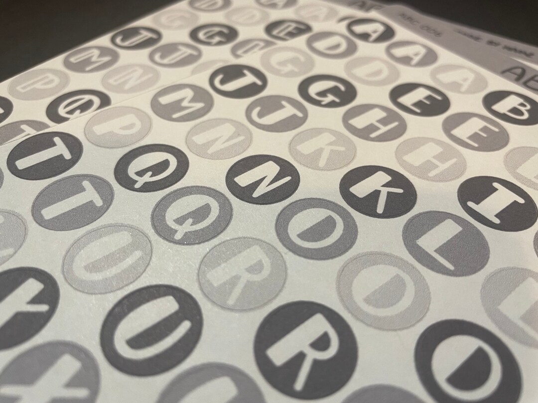 Abcs A6 Sticker Sheet. Greyscale Circular Stickers With White Font. - Etsy