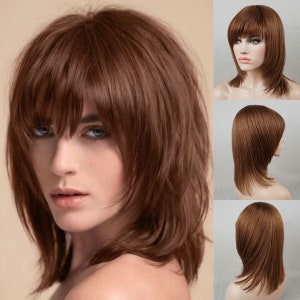 100 Real Human Hair Full Wig Cap 130% 14 in Shag Wig with Bangs Dark Brown Medium-length Layered Wig for  Women