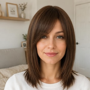 May include: A shoulder-length brown wig featuring straight hair with subtle highlights and side-swept bangs. The hair is layered around the face, creating a smooth, natural texture that falls straight down to the shoulders with a soft, layered finish.