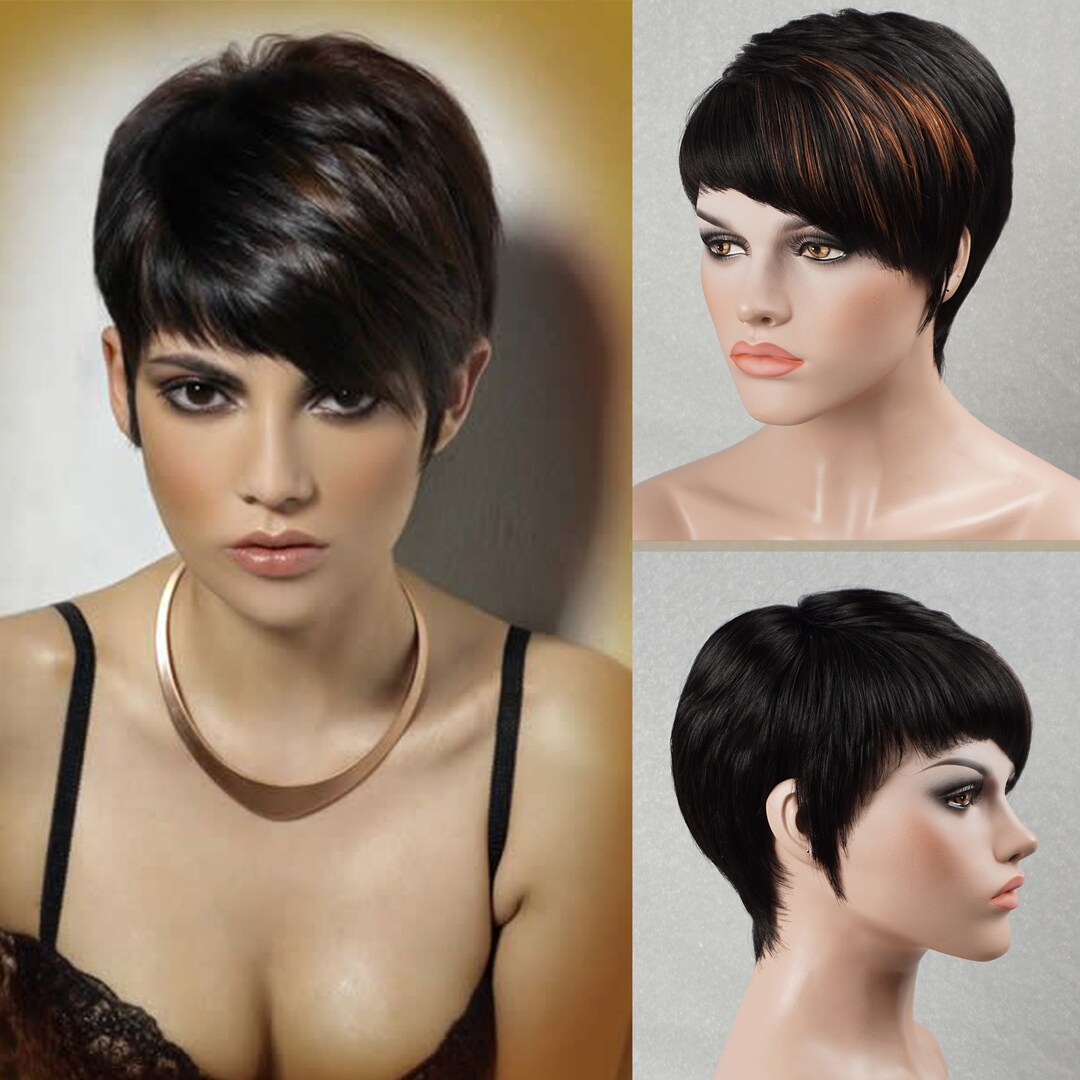 100 Human Hair Short Wigs for Women Black Pixie Cut Wigs with Etsy 日本