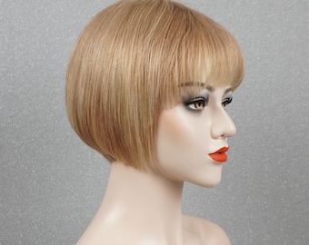 Med-Blonde Light Blonde Highlight Human Hair Bob Wig with Bangs 8in Customizable None-Lace Wigs