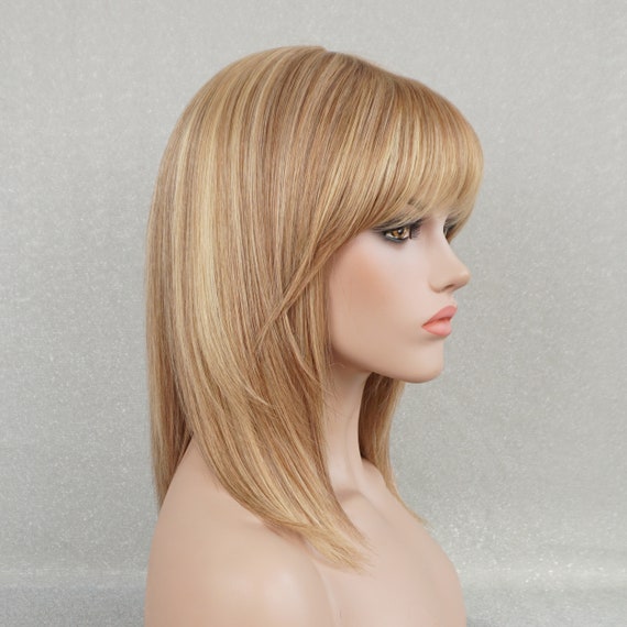100% Human Hair Wig Medium Blonde Bob With Wispy Bangs Non  display picture 3