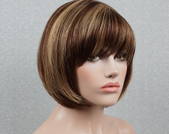 Human Hair Bob Wig with Bangs Brown Blonde Highlights 10in Customizable None-Lace Wigs