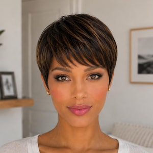 Puede incluir: Una mujer con piel morena y ojos marrones, que lleva una peluca corta y oscura con reflejos más claros. Tiene un maquillaje suave y natural con colorete y pintalabios rosas. Lleva pendientes pequeños dorados.