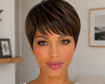 Human Hair Pixie Wig Natural Black Copper Highlights Realistic Crown Scalp Parting Customizable