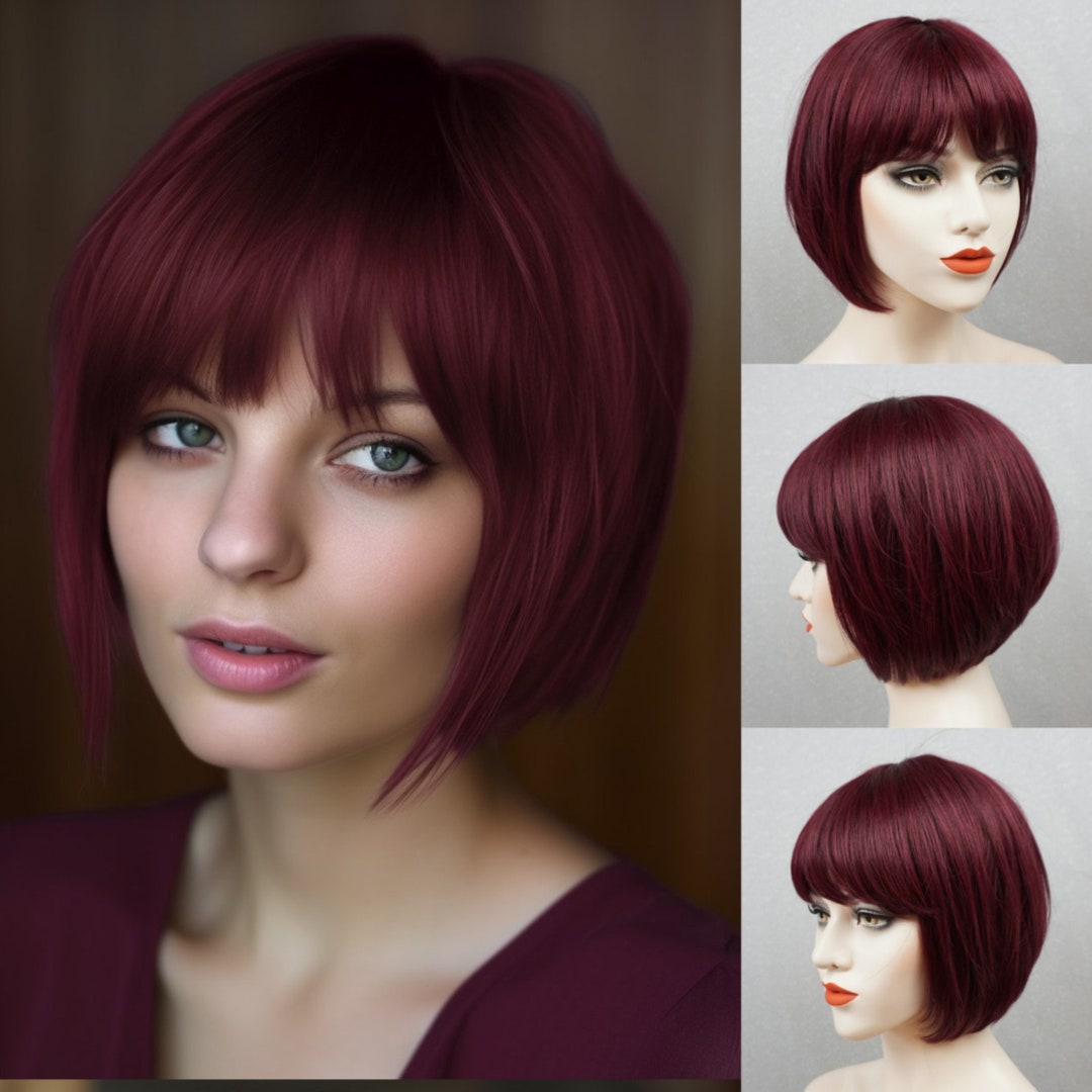 Human Hair Bob Wigs With Bangs Burgundy Hair for Women Hair Loss