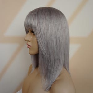 Silver Gray Human Hair Wig 14in Layered Bob with Bangs Customizable None-Lace Wigs