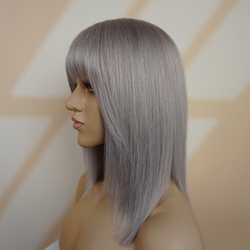 Silver Gray Human Hair Wig 14in Layered Bob With Bangs  display picture 3