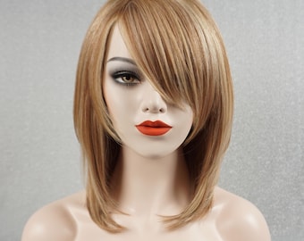 Layered Med-Blonde Light Blonde Highlights Human Hair Wig with Bangs 14in Customizable None-Lace Wigs