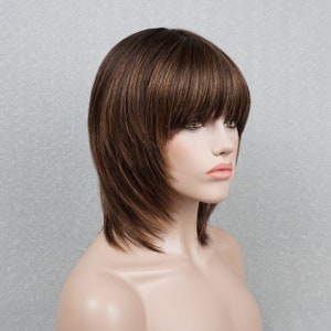 100% Human Hair Dark Brown light Brown Highlights Straight 12in 150 Density Full Cap Wig with Bangs Natural Look Customizable Wigs for Women