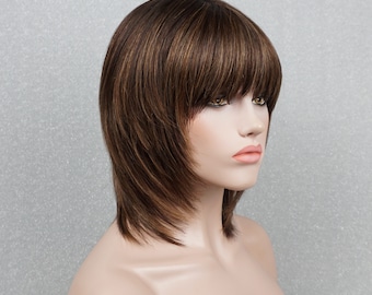 Dark Brown Light Brown Highlights Human Hair Wig with Bangs 12in Customizable None-Lace Wigs