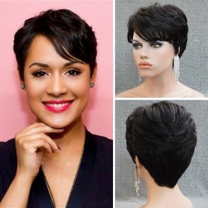 Pixie Wig for Women No Lace Remy Human Hair Full Wig Cap 130 Density 6 inches Straight Wig with Bangs Black Hair Birthday Gift