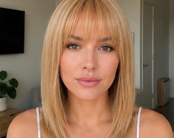 Human Hair Beige Blonde Bob Wig with Soft Platinum Highlights Realistic Scalp Customizable