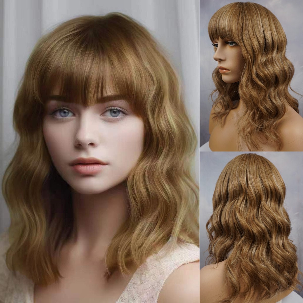 Blonde Brown Wavy Human Hair Wig 16-20 inches Long Wavy Human Hair Wig Light Brown Blonde Highlights Bangs  main image 2
