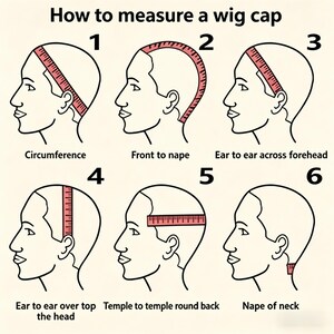 May include: An instructional diagram titled How to measure a wig cap, featuring six black and white line art illustrations of a head. Each shows a red measuring tape indicating specific points: circumference, front to nape, ear to ear, and nape.