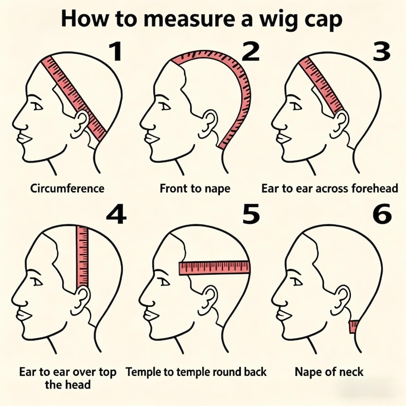 May include: An instructional diagram titled How to measure a wig cap, featuring six black and white line art illustrations of a head. Each shows a red measuring tape indicating specific points: circumference, front to nape, ear to ear, and nape.