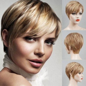 100 Human Hair Wigs for Women Ash Blonde Pixie Wigs with Bangs Custom made