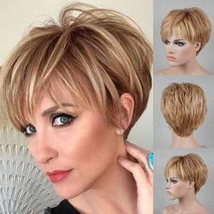 100 Human Hair Short Pixie Wigs for Women Ash Blonde Wigs with Handmade Fashion Hairstyle Light Blonde Highlights
