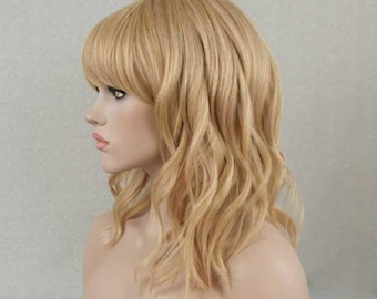 Light Blonde Human Hair Wig 14in Wavy Layered Wig with Bangs Customizable None-Lace Wigs