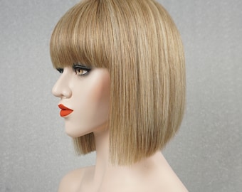 Med-Blonde Light Blonde Highlights Bob Wig 10in Human Hair Customizable None-Lace Wigs