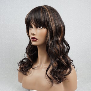 Wavy Human Hair Wig with Bangs: Black with Reddish Brown Highlights, 20 Inch