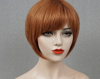 Human Hair Copper Brown Bob Wig with Bangs 10in Customizable None-Lace Wigs
