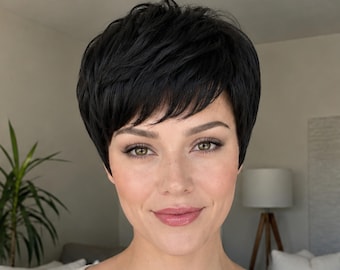 Pixie Cut Human Hair Wig with Natural Crown Scalp Customizable Short Natural Black