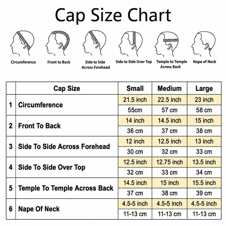 May include: A black and white cap size chart featuring six line-art illustrations of head measurements. A table displays measurements for small, medium, and large sizes in both inches and centimeters for circumference, front to back, and other areas.