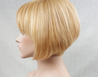 Golden Blonde Highlight Bob Wig: 100% Human Hair Full Cap Wig