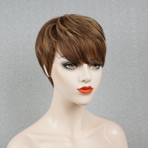 Warm Brown with Golden Blonde Highlights Pixie Wig Human Hair  Customizable None-Lace Wigs