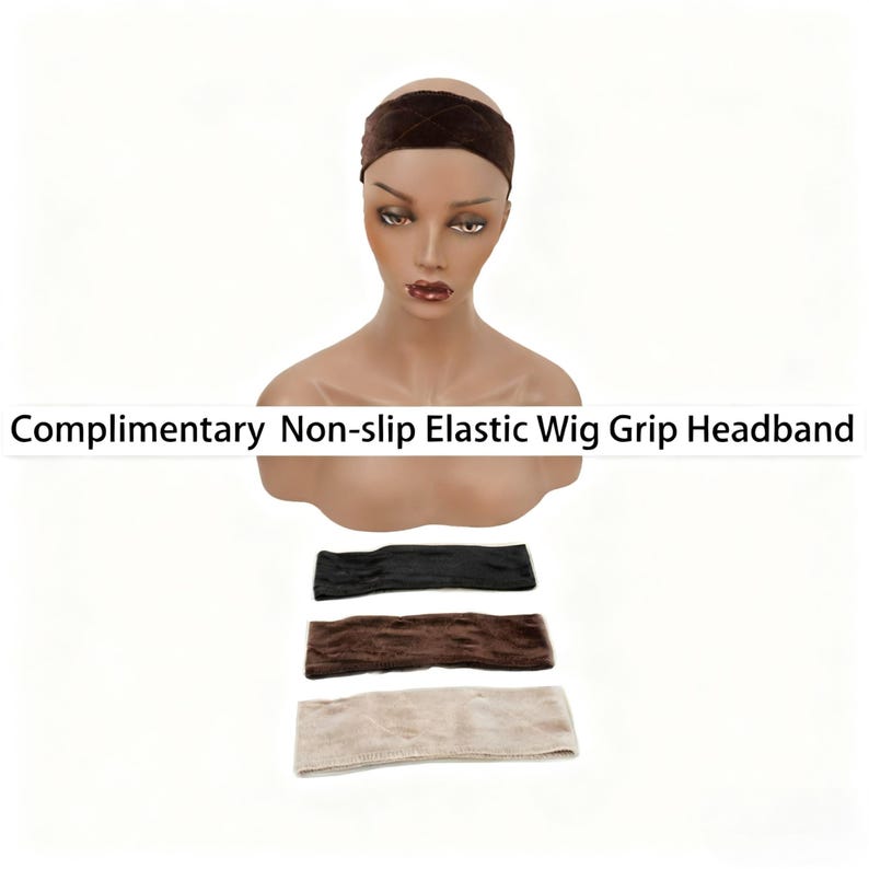 May include: A brown non-slip elastic wig grip headband worn on a mannequin head, accompanied by three additional headbands in black, brown, and beige. The text Complimentary Non-slip Elastic Wig Grip Headband is displayed across the image.