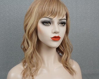 17in Wavy Human Hair Wig Med-Blonde Cream Blonde Highlights with Bangs Customizable None-Lace Wigs